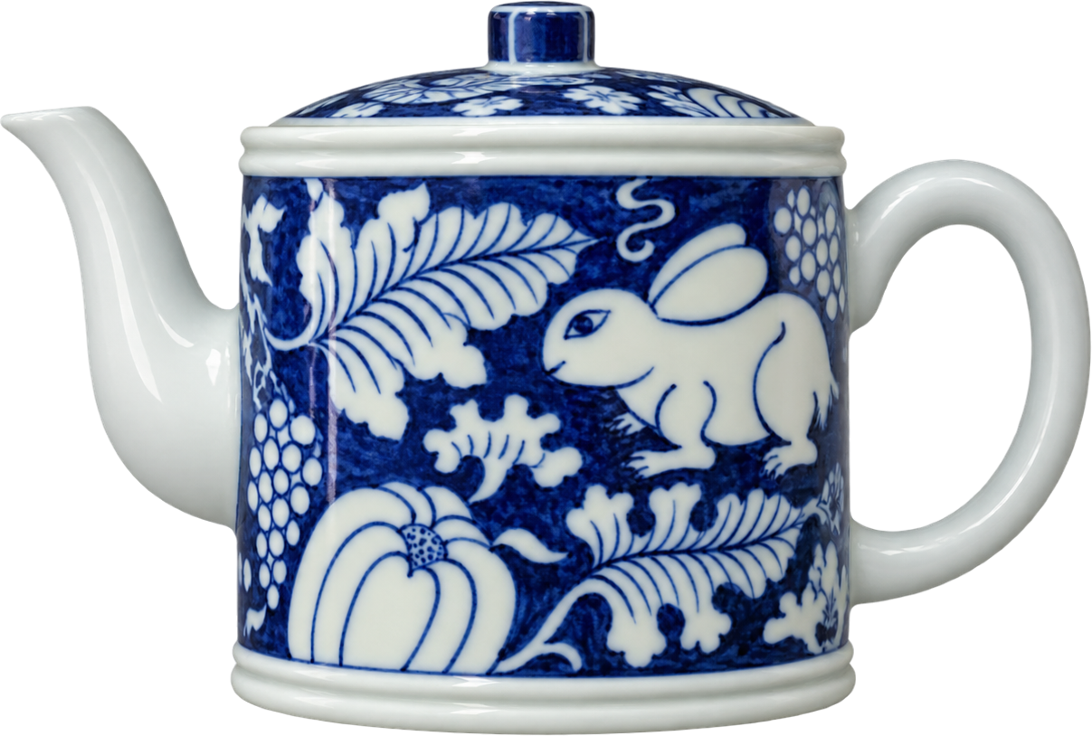蓝地兔纹瓷壶 — AI辅助整器展示稿